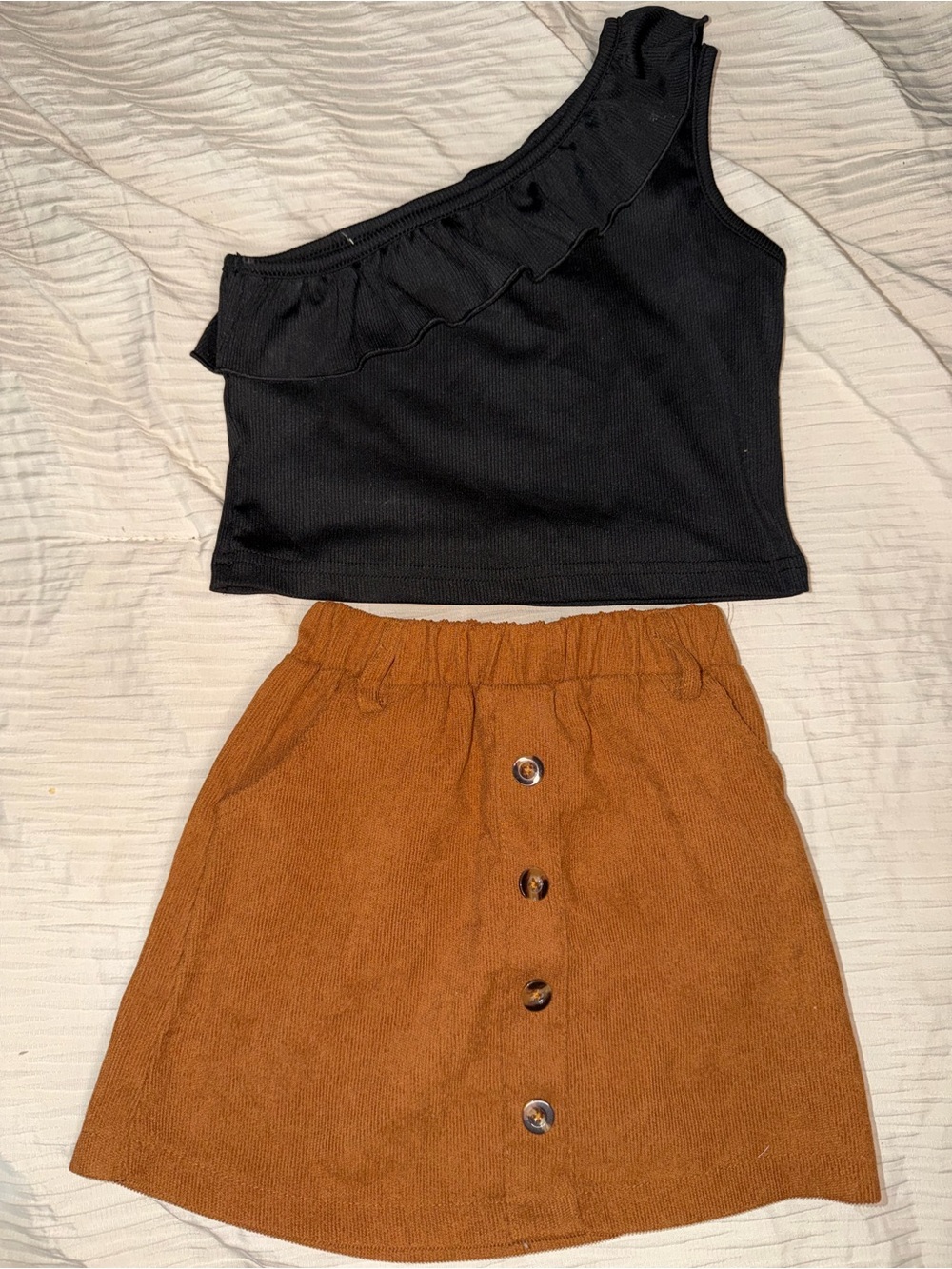 Kids Two-Piece Matching Set — Black One-Shoulder Top & Brown Corduroy Mini Skirt